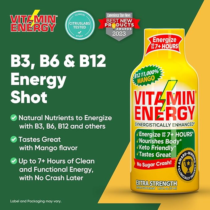 Vitamin Energy B12 11,000% Extra Strength Energy Shot Mango 12 Pack, 260mg Natural Caffeine, B12 & B6, Nootropic Focus, Vitality, Zero Sugar, Gluten-Free, Vegan, Kosher, 1.93 fl oz