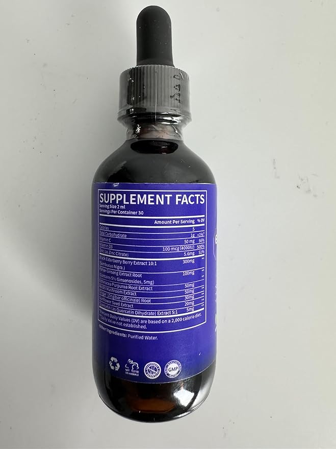 Elderberry Syrup Black Elderberry Drops with Quercetin, Panax Ginseng, Vitamin C and Zinc, Sambucus Elderberry Syrup Liquid, Vegan, Non-GMO & Gluten Free