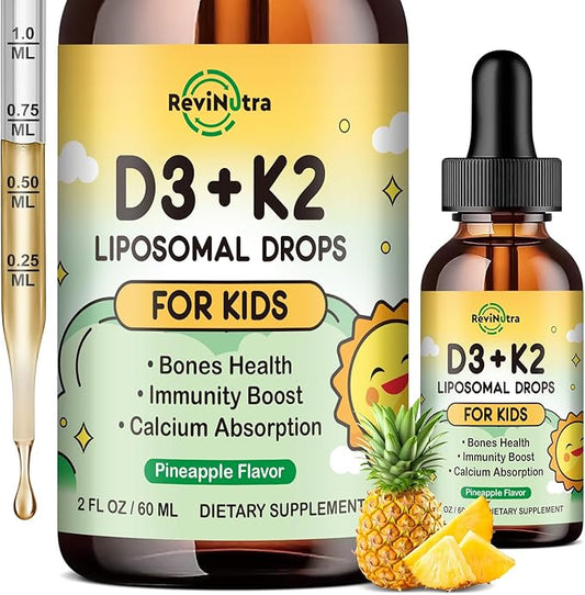 Vitamin D3 K2 Drops for Kids, Liposomal Liquid K2 D3 Vitamin Supplement with Calcium Magnesium Zinc, Vitamin B12, C, E for Kids & Adults Strong Bones Teeth & Heart, Pineapple Flavor 2 Fl Oz