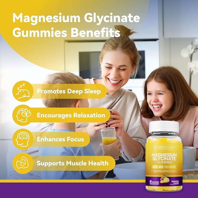 Magnesium Glycinate Gummies 600mg, Non-GMO, Gluten-Free, Magnesium Gummies for Adults & Kids, Sleep, Relaxation & Focus, Pineapple Flavor, 60 Count