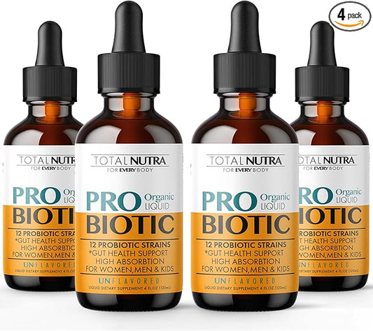 Liquid Probiotic for Women, Men, Kids, Toddler Probiotic: USDA Organic Vegan Probiotic Liquid & Alfalfa Blend + Acidophilus for Gut Health, Dairy Gluten Sugar Free, Non-GMO Oral Probiotics (4 Pack)