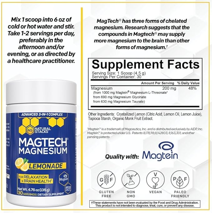 Magtein Magnesium L-Threonate, Glycinate & Taurate - MagTech Magnesium Powder - Sugar Free Lemonade Drink - 200mg Chelated Triple Complex - Supports Relaxation & Brain Health* - 30 Servings