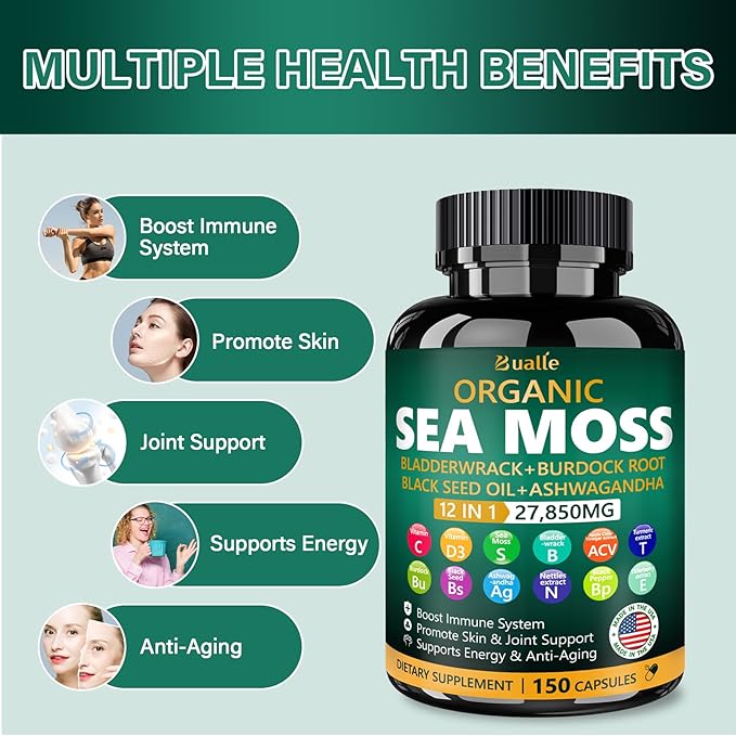 Organic Sea Moss Capsules 27,850mg with Sea Moss,Black Seed Oil,Ashwagandha,Bladderwrack,Ginger,Burdock Root for Immune System,Skin,Energy Support-USA Made (150 Capsules)