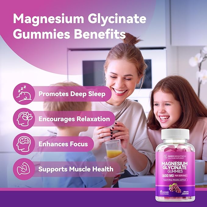 Magnesium Glycinate Gummies 600mg, Non-GMO, Gluten-Free, Magnesium Gummies for Adults & Kids, Sleep, Relaxation & Focus, Grape Flavor, 60 Count