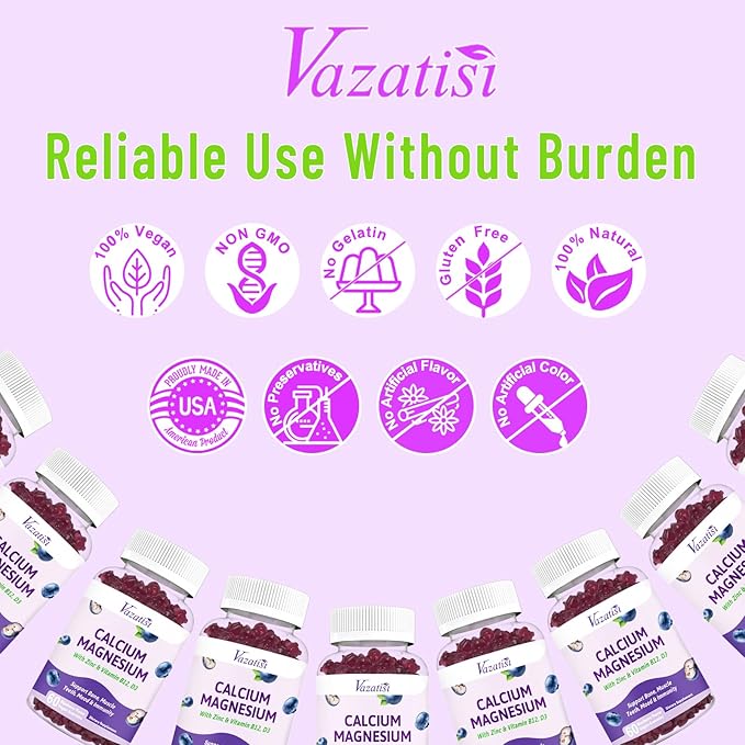 Calcium Magnesium Zinc Gummies with Vitamin D3 & B12, Sugar Free Calcium Supplements for Women Men, Support Immunity, Vegan Blueberry Flavor
