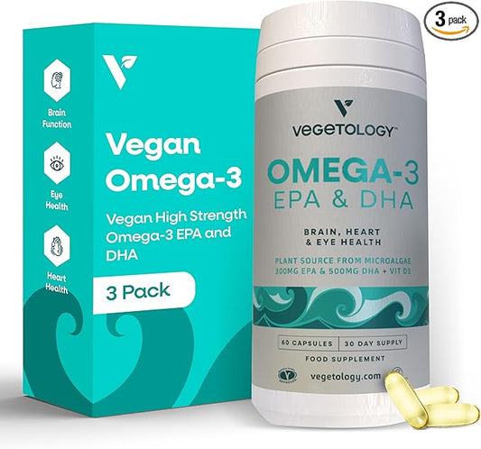 Vegan Omega 3 Supplement – Omega-3, EPA, DHA Supplements & Vitamin D3 – Algae Omega 3 Vegan Supplements for Brain, Eye & Heart Health – Omega 3 for Kids & Adults (180 Capsules)