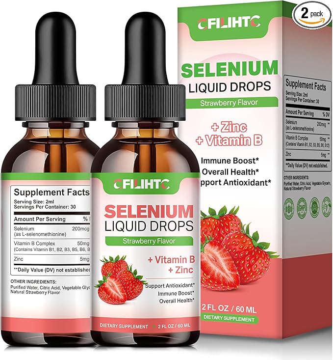 2 Pack Selenium Liquid Drops, 200mcg Liquid Selenium Supplement with Vitamin B Complex & Zinc, Support for Immune System, Antioxidant & Heart Health, High Absorption, Strawberry Flavor