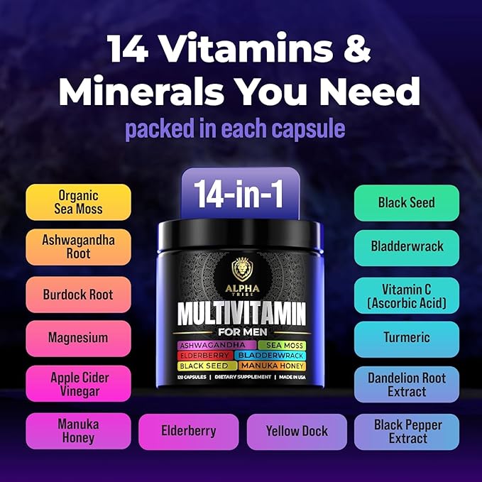 Alpha Tribe Multivitamin for Men with Seamoss Black Seed Oil Ashwagandha Burdock Root, Turmeric Bladderwrack, Vitamin C, Elderberry, Manuka, Yellow Dock | Daily Men's Vitamins and Minerals Supplement