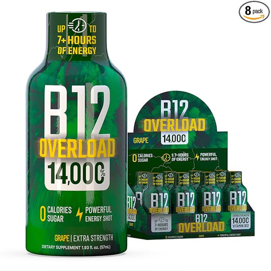 B12 Overload Extra Strength Energy Shot – Grape – 260mg Caffeine, 14000% B12, Electrolytes – Energy & Vitality Support – Zero Sugar No Calories – Vegan, Kosher, Gluten-Free – 1.93 fl oz, 8-Pack