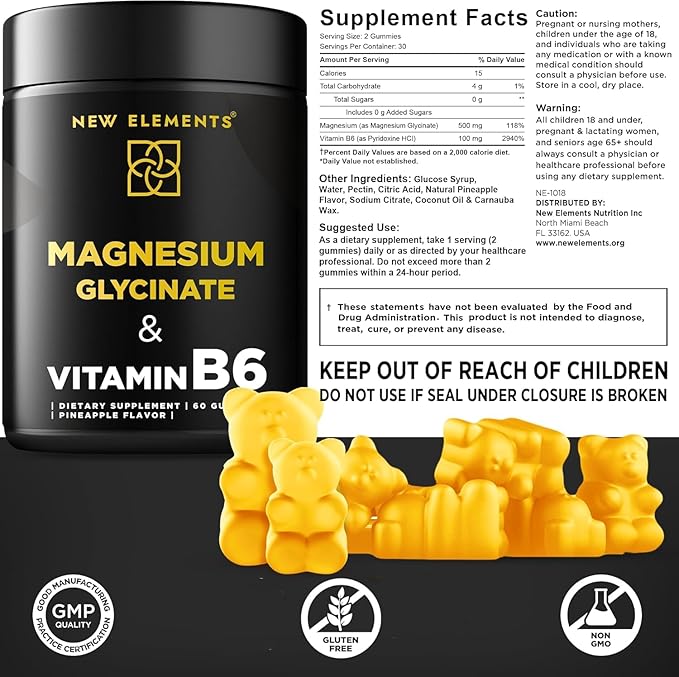 Magnesium Glycinate Gummies 500mg with Vitamin B6 100mg for Adults and Kids - High Absorption | Non-GMO | No Gluten | Stress Relief | Sleep & Relaxation | Muscle & Heart Support | Natural & Vegan