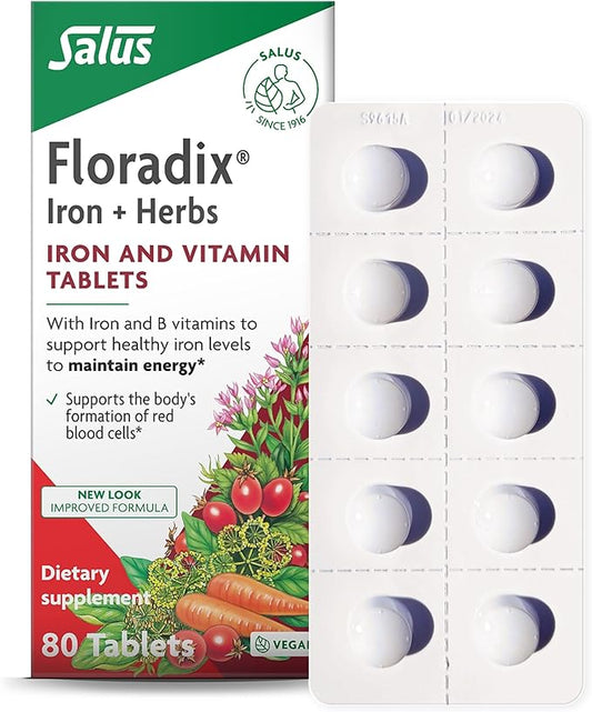 Floradix Iron Tablets - Iron Supplement with Folic Acid, Vitamin C & More - Energy Support - Vegetarian, Gluten-Free - 80 Tablets