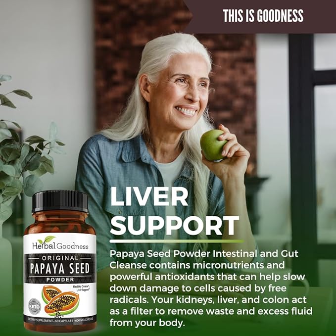 Herbal Goodness Papaya Seeds Capsules 60ct - Supports Gut and Digestive Health -100% Natural Body Detox Cleanse and Colon Broom Formula - 1 Pack