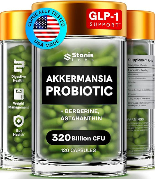 Akkermansia Probiotic 320 Billion CFU| GLP-1 Probiotic and Prebiotic | Akkermansia Muciniphila Probiotics For Women Digestive Health | Inulin Prebiotic Fiber Capsules Astaxanthin & Berberine 120 count