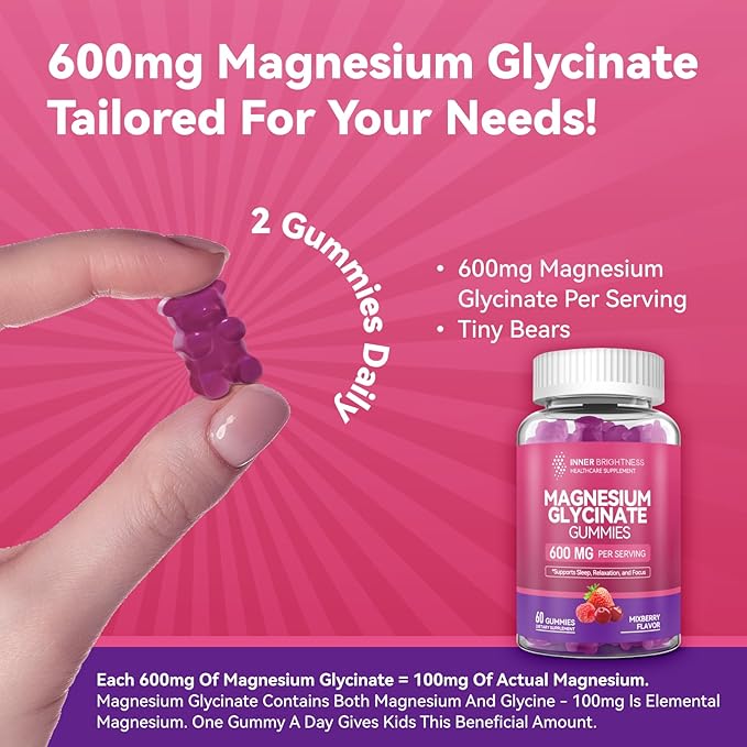 Magnesium Glycinate Gummies 600mg, Non-GMO, Gluten-Free, Magnesium Gummies for Adults & Kids, Sleep, Relaxation & Focus, Mixed Berry Flavor, 60 Count