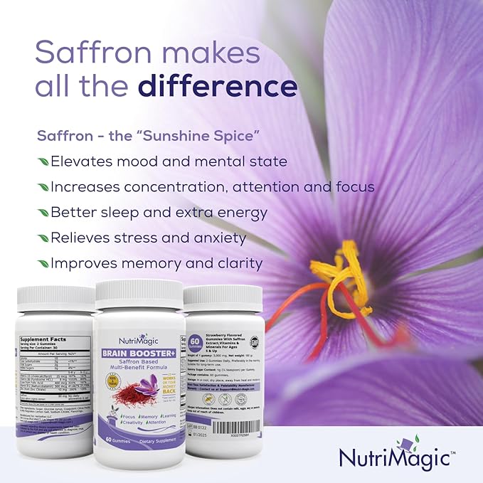 Brain Booster+ 30mg Pure Saffron Extract Gummies & Multivitamin D3, B6, B12, Zinc, Supports Kids Focus, Memory, Attention & Mood Balance - Promotes Brain Health Support, 60x Non-GMO Gummy