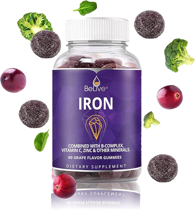 BeLive Iron Gummies - Multivitamin Iron Supplement with Vitamin C, A, B & Zinc, Supports Blood Oxygen, Vegan Supplements for Women, Men & Kids for Growth and Development - Grape Flavor | 2-Pack