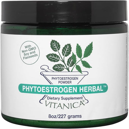 Vitanica Phytoestrogen Herbal Non-GMO PMS, Menopause Relief Supplement for Women, Hormone Balance, Night Sweats & Hot Flash Relief, Soy Isoflavones, Vegan, Powder 8 Oz (Phytoestrogen Herbal Pro Logo)