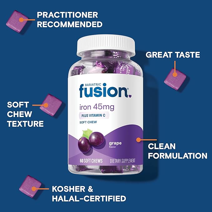 Bariatric Fusion Iron Supplement for Women Anemia | Chewable Iron with Vitamin C | Grape Flavored Soft Chew | Gentle on Stomach Ferrous Fumarate for Women and Men | Gluten Free | 60 Count
