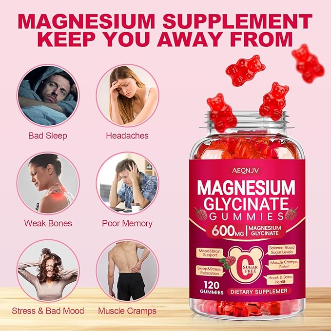 Magnesium Glycinate Gummies 600mg, Sugar Free Magnesium Gummies for Adults with L-Threonate, Chewable Potassium Supplements for Sleep, Body Support and Relaxation, 2 Pack