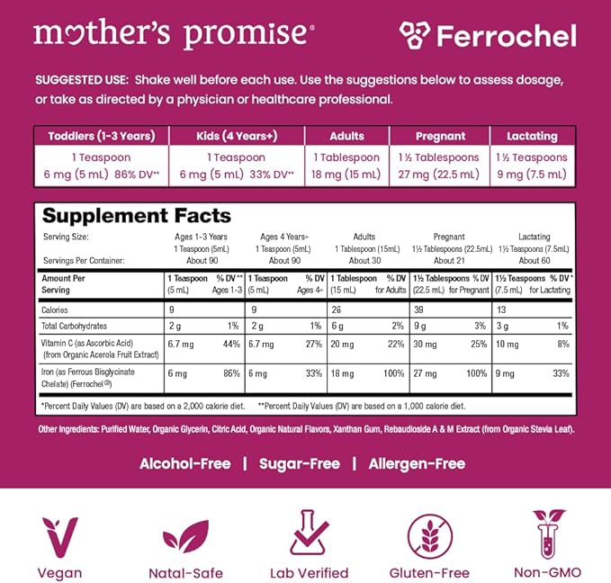 Organic Liquid Iron Supplement for Women, Men & Kids | Gentle Vegan Iron Supplements for Energy, Healthy Blood & Prenatal | Non Constipating, Sugar-Free Natural Berry Flavor, Ferrochel® & Vitamin C
