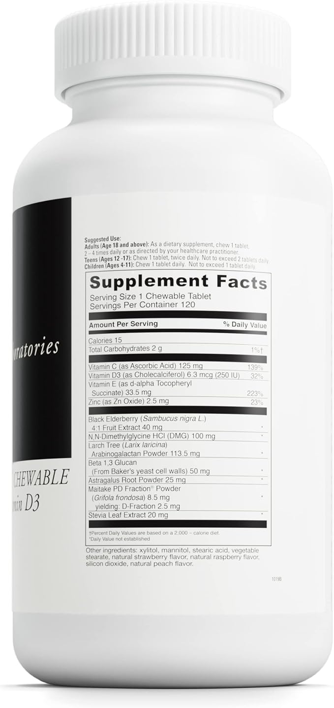 Davinci Labs Immuno-DMG Chewable with Elderberry and Vitamin D3 - Dietary Supplement to Support Cell and Immune Health* - with Vitamin C, D3, E, Black Elderberry, DMG and More - 120 Chewable Tablets