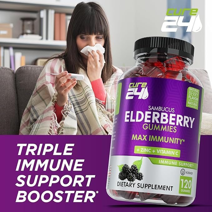 Sambucus Elderberry Gummies + Vitamin C + Zinc for Kids & Adults, X3 Immune Support, Natural Flavors + Ingredients, Vegan, Non-GMO, Made in USA (120)