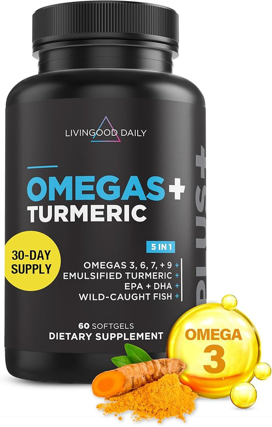 Livingood Daily Triple Omega 3 6 9 Supplement Plus Turmeric Curcumin, DHA & EPA, Fish Oil Supplements for Brain & Heart Health and Joint Support, Advanced Absorption, Gluten Free, Non GMO, 60 Softgels