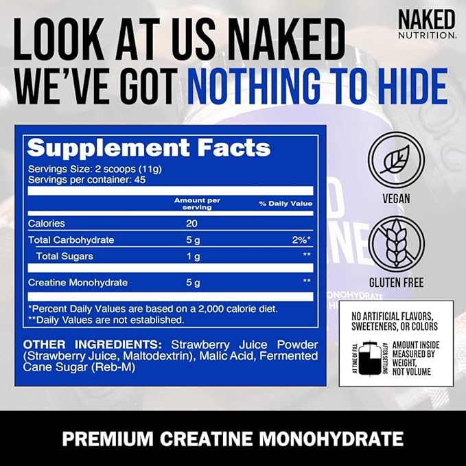 Naked Creatine - Strawberry Flavored Creatine Monohydrate - Real Strawberry Powder, Nothing Artificial, Muscle Growth, Vegan, Non-GMO, Gluten Free, Soy Free - 45 Servings