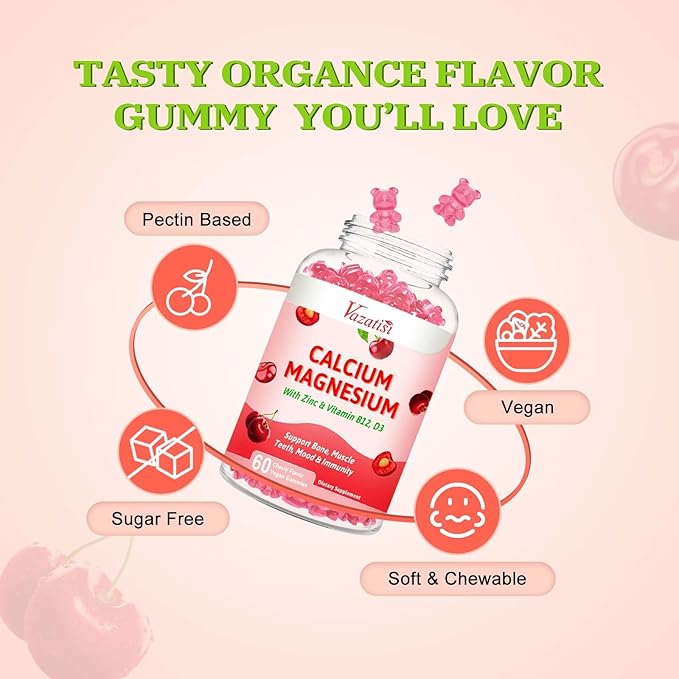 Calcium Magnesium Zinc Gummies, Calcium Magnesium 2:1 Ratio with Vitamin D3 & B12 for Support Muscle, Mood and Immunity, 60 Vegan Cherry Flavor Gummies