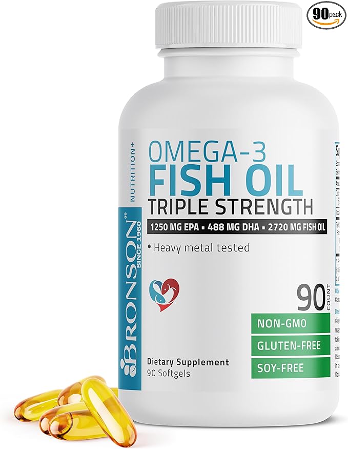 Bronson Omega 3 Fish Oil Triple Strength 2720 mg, High EPA 1250 mg DHA 488 mg, Non-GMO Heavy Metal Tested, 90 Softgels