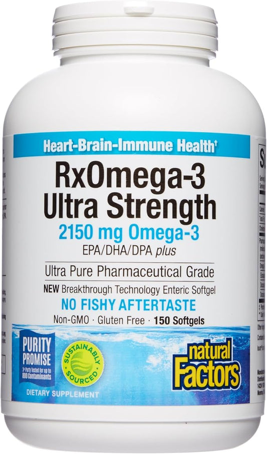Natural Factors Ultra Strength RxOmega-3 Fish Oil, High Potency Formula, 2,150 mg Omega-3 Per Serving, No Fishy Aftertaste, 150 Softgels