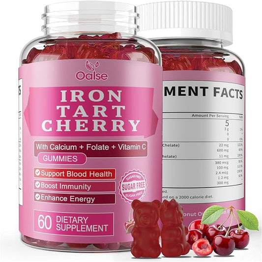 Tart Cherry Iron Supplement for Women & Men, Iron Gummies with Calcium, Zinc, Folate & Vitamin C & B12 for Immune Support, (60 Count) - Sugar Free,Vegan (Mothers Day Gifts for Mom)