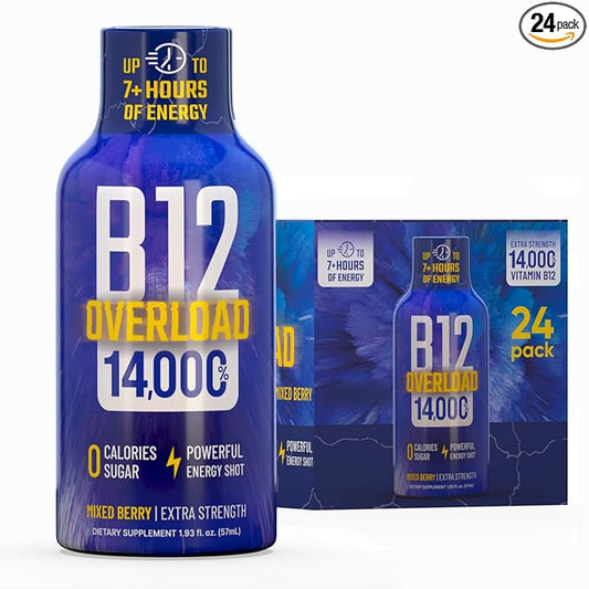 B12 Overload Extra Strength Energy Shot – Mixed Berry– 260mg Caffeine, 14000% B12, Electrolytes – Energy & Vitality Support – Zero Sugar No Calories – Vegan, Kosher, Gluten-Free – 1.93 fl oz, 24-Pack