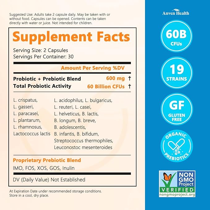 60 Billion Probiotics for Women and Men 19 Strains 5 Organic Prebiotics for Gut Digestive & Immune Health, Supports Diarrhea Gas Bloating, Vegan Probiotic Supplement Formula丨60 Caps