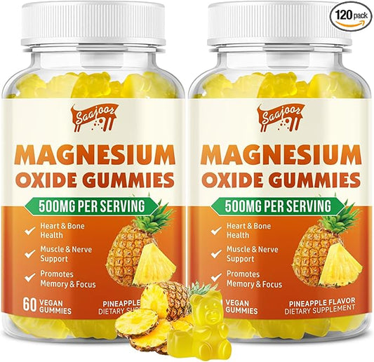 2 Pack Magnesium Oxide 500mg Gummies for Adults & Kids, Supports Nerve Muscle & Bone Health, Vegan Non-GMO Dietary Supplement with Pineapple Flavor, 120 Gummies