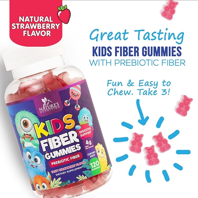 Fiber Gummies for Kids, Daily 4g Gummy Fiber Supplement, Prebiotic Digestive Health Support - Nature's Plant Based Soluble Fiber, Supports Regularity & Digestion for Kids Non-GMO - 120 Gummies