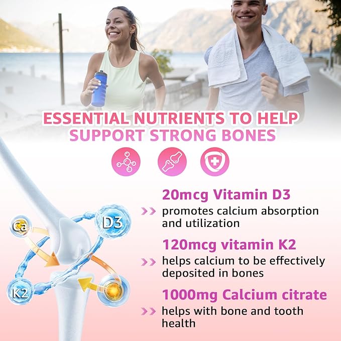 Chewable Calcium Citrate Gummies 1000mg with Vitamin D3 & K2, B6 & B12, Magnesium, Zinc for Bones, Muscles & Joints,Immunity & Memory Support,Sugar-Free, Gluten Free, Vegetarian, Strawberry, 60 Count