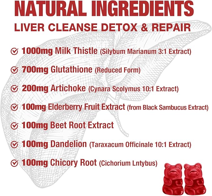 Liver Cleanse Detox and Repair Gummies - Silymarin Milk Thistle Supplement with Artichoke, Dandelion and Elderberry - Liver Support Supplement - 60 Raspberry Flavored Gummies