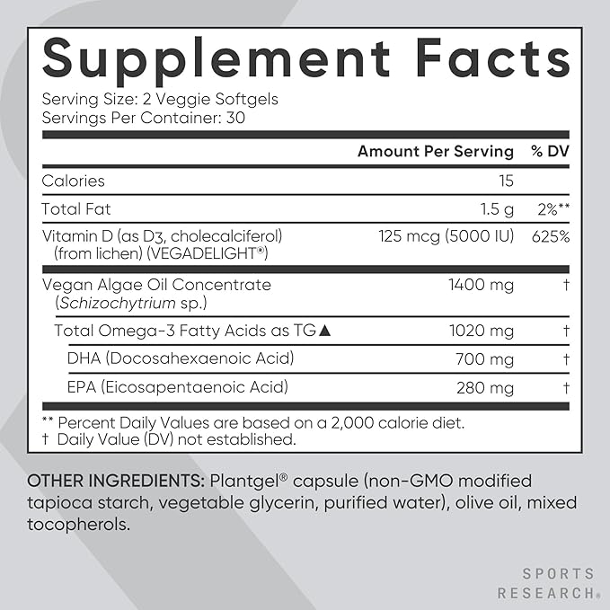 Sports Research® Vegan Omega-3 + Vitamin D3 5000iu (125mcg) - Vegan Certified · Carrageenan Free · Gluten Free - 60 Plantgel® Capsules