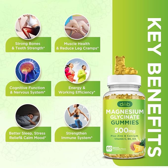 Magnesium Glycinate Gummies 500mg Magnesium Supplement with Calcium, Zinc, Vitamin C, B6, D3-Calm Chewable Gummies for Kids & Adults-Sleep, Mood & Muscle Support-Pineapple Flavor, 60 Gummies