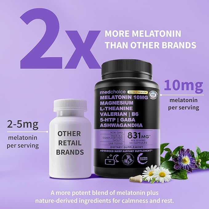 12-in-1 Melatonin Sleep Capsules - 10mg Melatonin Extra Strength with Magnesium and Balanced Blend of Ashwagandha, GABA, Chamomile Extract, L-Theanine & Valerian Root 10:1 Extract (90ct, Pack of 2)