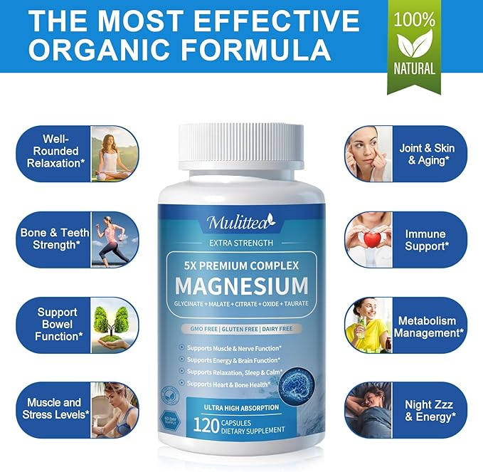 Magnesium Complex Chelated Magnesium Glycinate w/Malate, Taurate& Herbal Extracts for Support Sleep, Muscle,Cortisol & Heart Health, Gluten Free, Vegan, Non GMO, High Absorption,120 Capsules