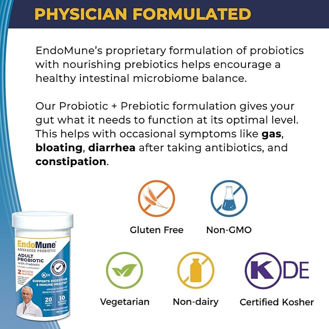 Endomune Advanced Adult Multi-Strain Probiotic Supplement with Prebiotic | 10 Strains, 30 Billion CFU | Physician Formulated (60-Count)