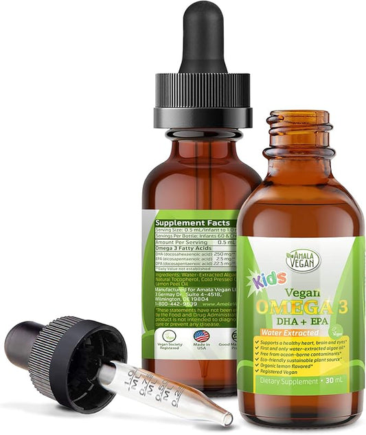 Omega 3 for Kids - Organic Lemon, Vegan, Liquid Supplement - Kids Fish Oil with DHA, EPA, DPA Fatty Acids - Plant Based Algae Oil - Immune, Heart, Brain Health for Children- 30-60 Doses