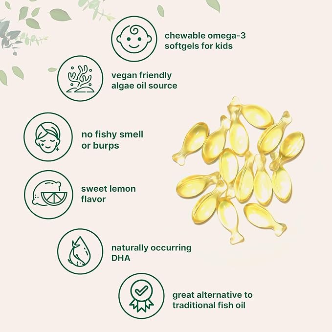 Omega-3 for Kids, 240 Chewable Veggie Softgels | Vegan Omega-3 from Algae Oil + 200mg DHA | Lemon Flavored | Fish Oil Supplements Alternative | Brain, Heart, & Immune Support | No Fishy Smell or Burps