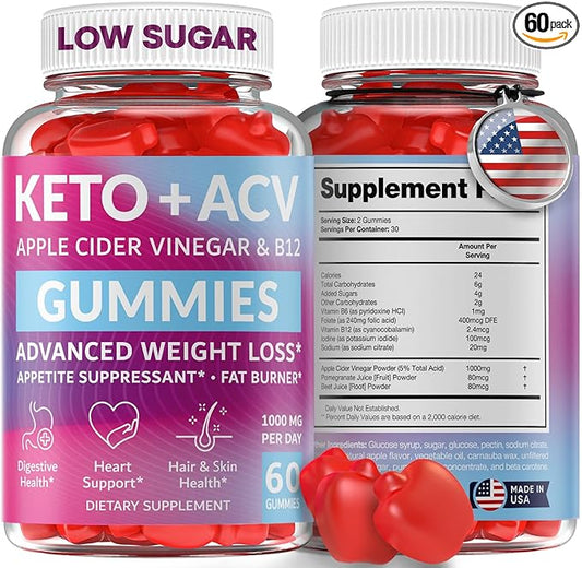 Keto ACV Gummies Advanced Weight Loss - Made in USA Tasty ACV Keto Gummies for Weight Loss, Digestion, Cleansing, No Gluten, No GMO & Vegan Keto Apple Cider Vinegar Gummies 1000mg, 60 pcs