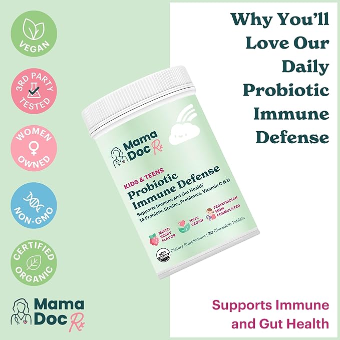 Certified Organic Kids & Teens Probiotic Immune Defense - 5 Billion CFUs | Sugar Free, Vegan, Gluten-Free | 14 Probiotic Strains, Prebiotics, Vitamin C & D | 30 Chewable Tablets, Ages 4+