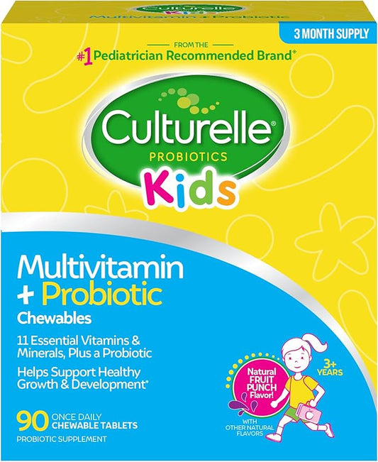 Culturelle Kids Complete Chewable Multivitamin + Probiotic for Kids, Ages 3+, 90 Count, Digestive Health, Oral Health & Immune Support - with 11 Vitamins & Minerals, Including Vitamin C, D3 & Zinc