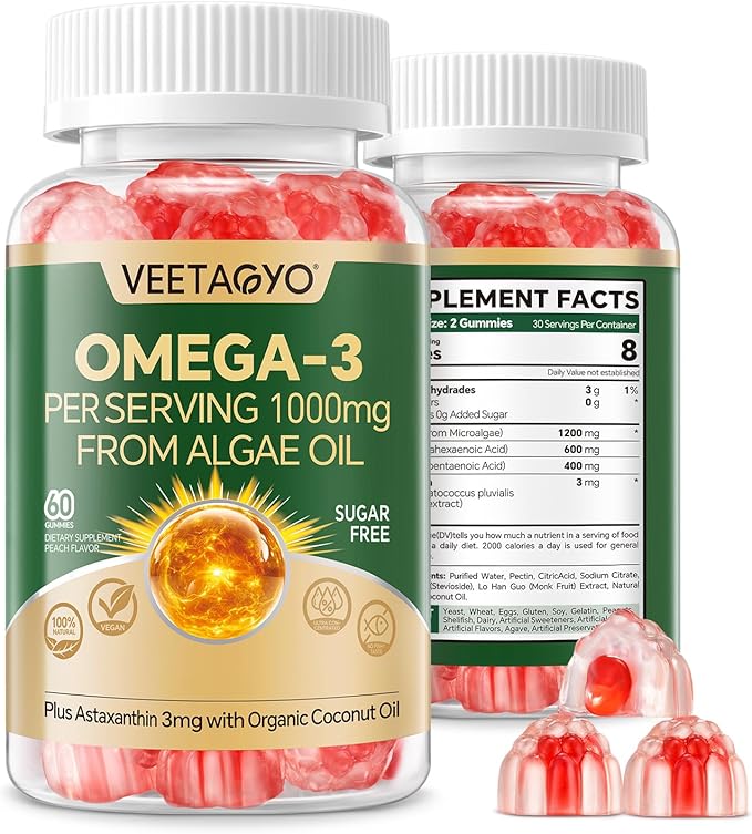 Vegan Omega 3 Gummies 1200mg - Dual Layer - Fish Oil Alternative, Marine Algae Omega 3 Supplement DHA 600mg, EPA 400mg with Astaxanthin,Sugar Free,60 Cts