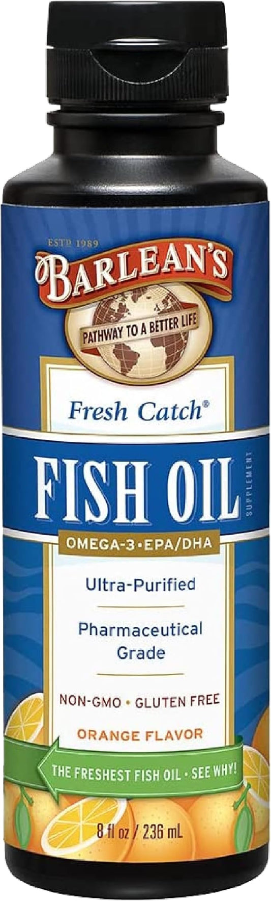 Barlean's Omega 3 Fish Oil Supplement, Liquid EPA and DHA Fatty Acid Supplements Support, High Potency Orange Flavored, 8 oz
